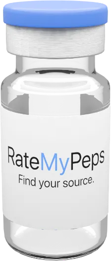 A RateMyPeps glass vial with a blue cap. The label reads Find your source.