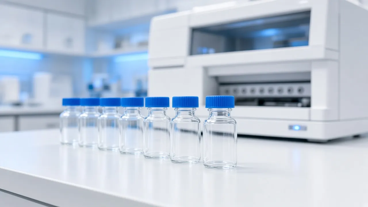 A row of sample vials with blue caps on a white bench in front of an HPLC instrument.
